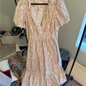 Anthropologie Cream and Brown Leaf Maxi Dress